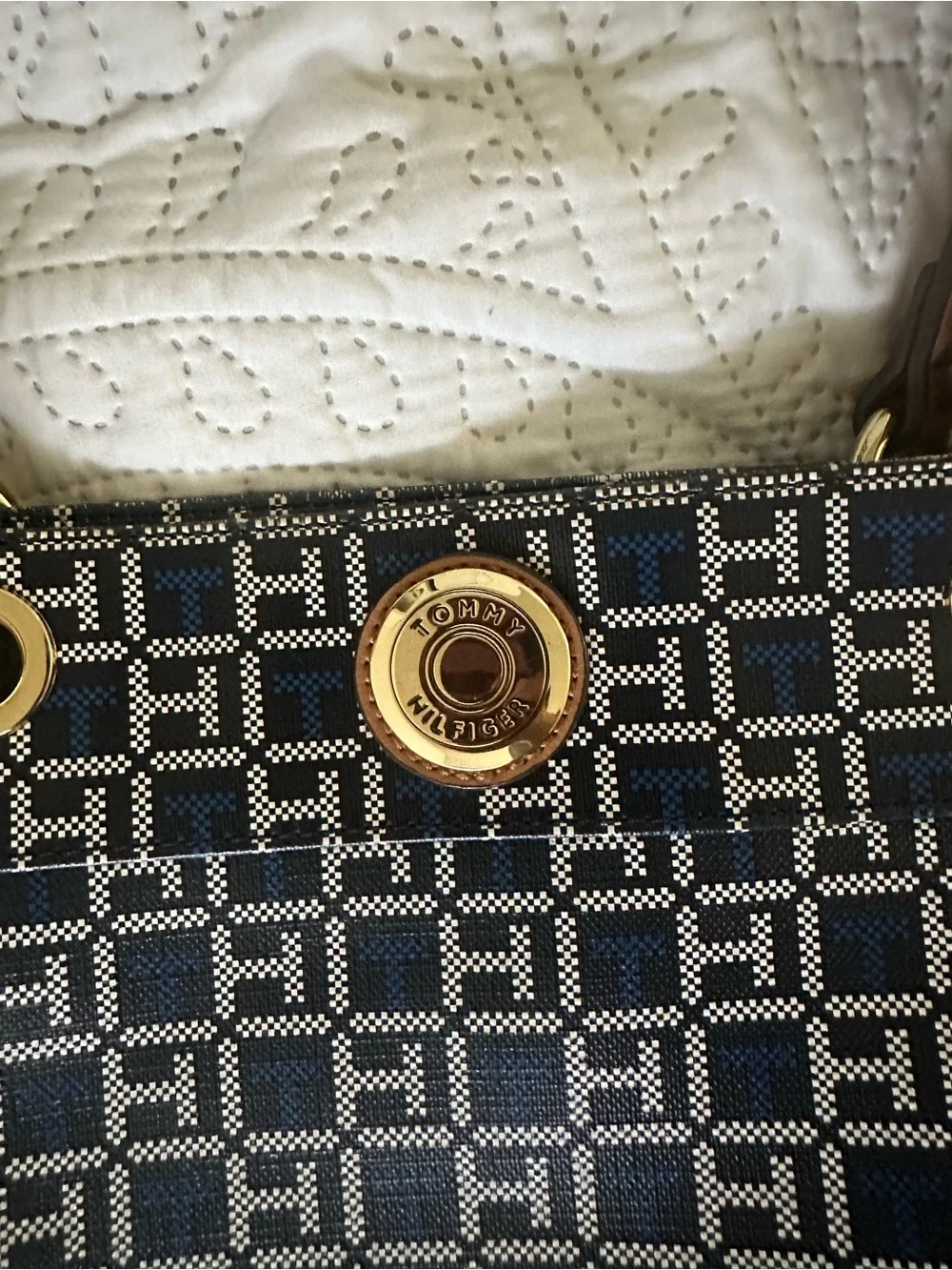 Tommy Hilfiger Navy Patterned Tote with Tan Trim